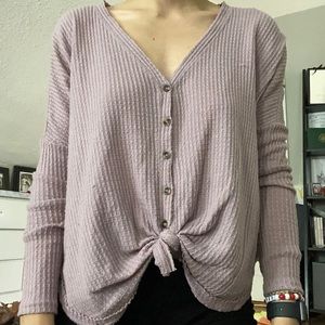 purple waffle button sweater